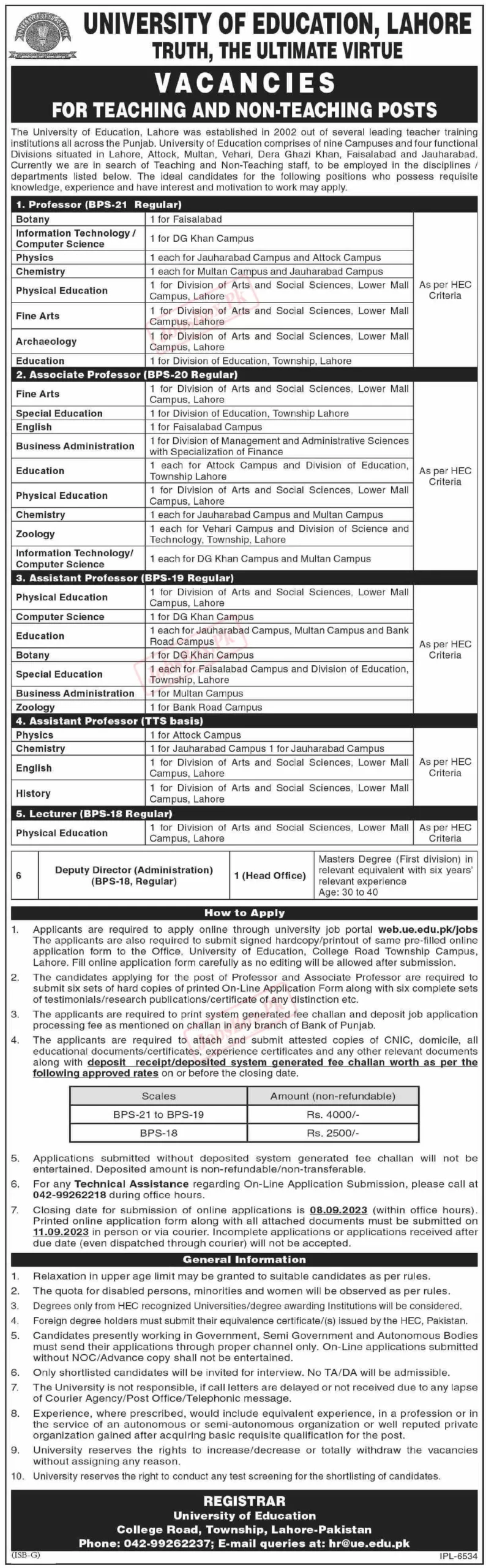 University of Education UE Lahore Jobs 2023